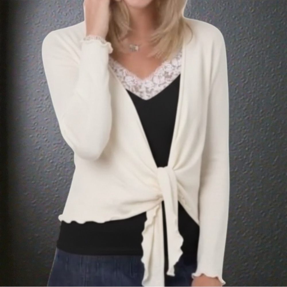 WoolOvers Optic White Wrap Cardigan Sweater Made from a Cotton/Silk Blend